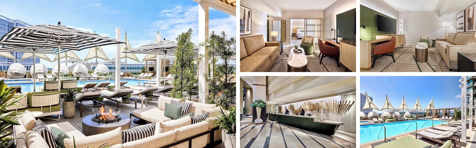 Photos of Omni San Diego Hotel at the Ballpark: rooftop pool terrace with fire pit, suites and lobby reception