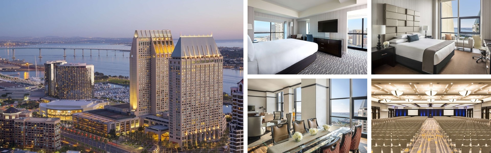 Photos of Manchester Grand Hyatt San Diego: twin towers over the bay at dusk, bay-view rooms and grand ballroom