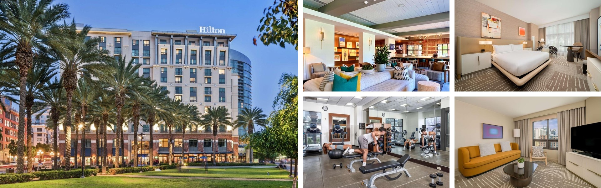 Photos of Hilton San Diego Gaslamp Quarter: palm-lined exterior, lobby lounge, guest rooms and fitness center