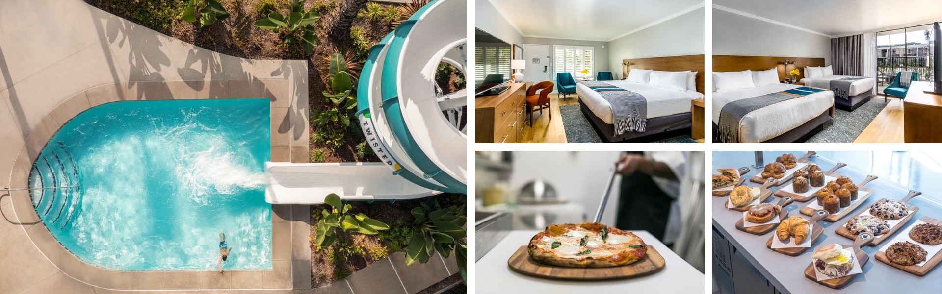Photos of Town and Country San Diego: aerial pool with waterslide, guest rooms, pizza and pastry spread
