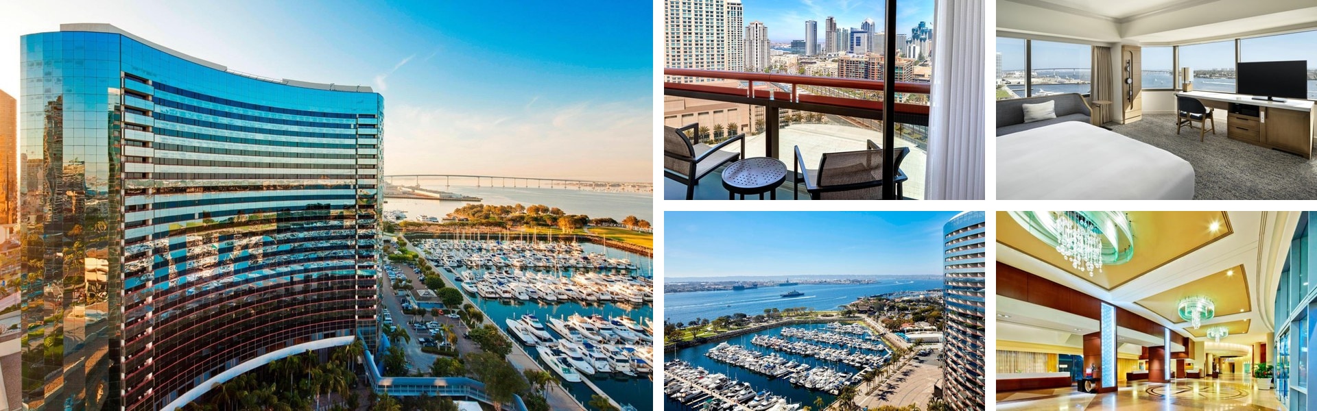 Photos of Marriott Marquis San Diego Marina: curved glass tower over the marina, balcony, guest room and lobby