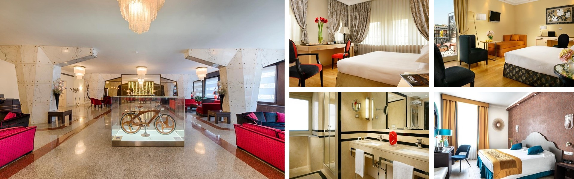 Photos of FH55 Grand Hotel Palatino Rome: bright lobby with vintage bicycle display, guest rooms and marble bathroom