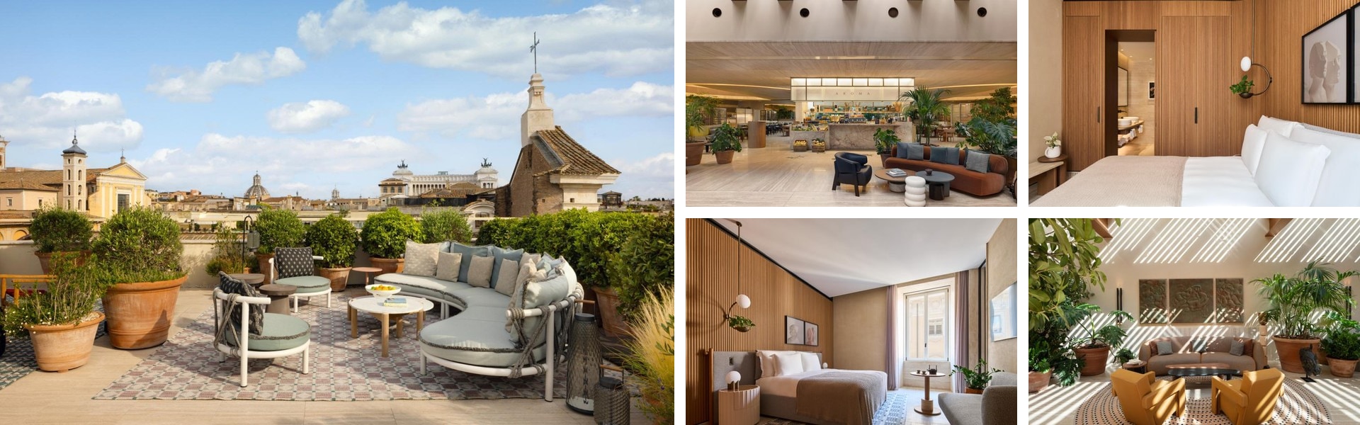 Photos of Six Senses Rome: rooftop terrace with city skyline view, plant-filled lobby, wood-panelled rooms and lounge