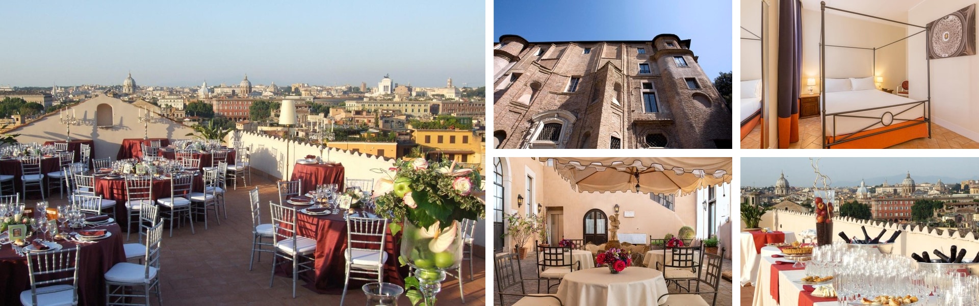 Photos of Donna Camilla Savelli VRetreats Rome: rooftop dining with Rome skyline, historic facade, four-poster room and terrace