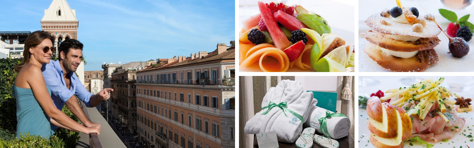 Photos of Hotel Artemide Rome: couple on a balcony above the street, fresh fruit and plated dishes, and folded robe with amenities