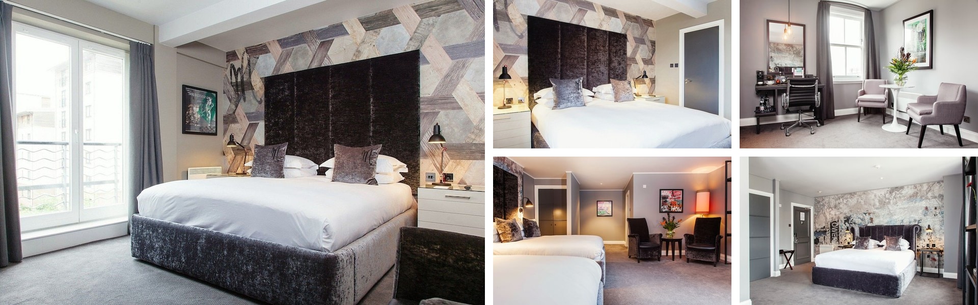 Photos of Malmaison Edinburgh: bold geometric-headboard bedrooms, workspace nook and twin-bed lounge area