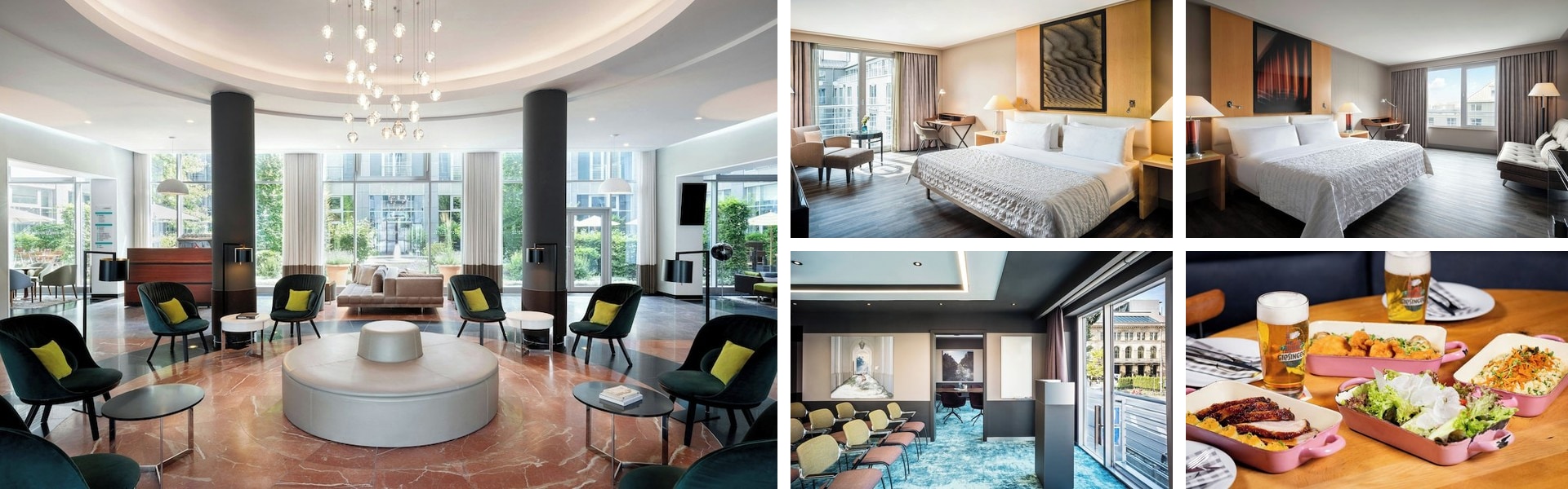 Photos of Le Meridien Munchen: round chandelier-lit lobby lounge, modern guest rooms, meeting space and dining tray
