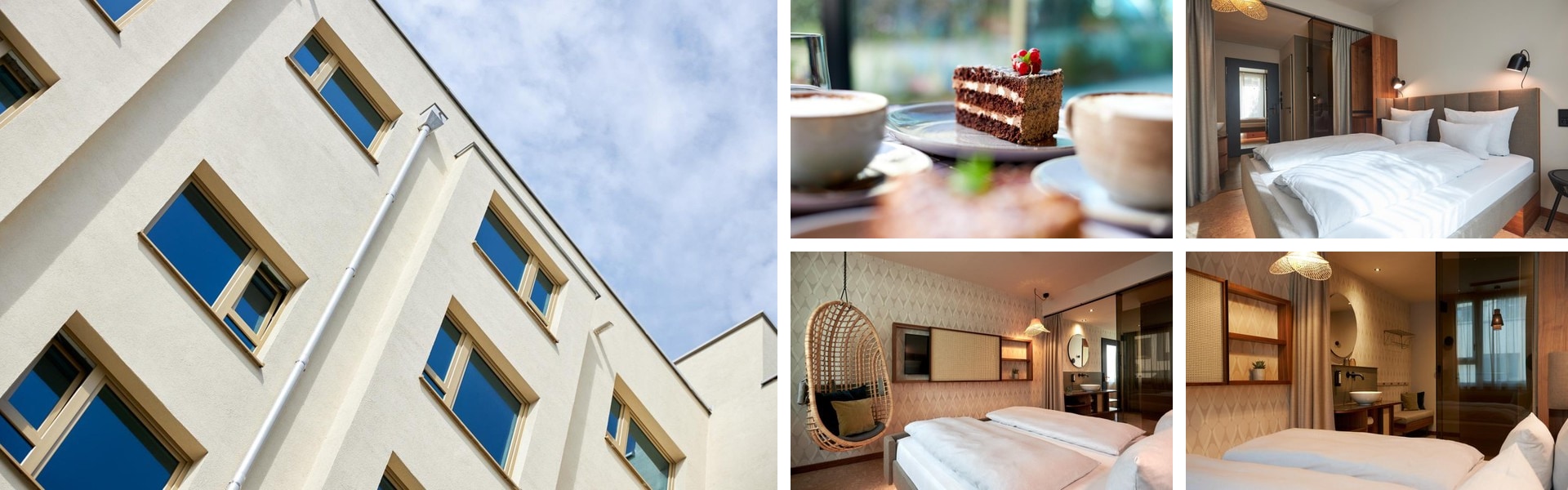Photos of Cocoon Sendlinger Tor Munich: angled cream facade, cafe with cake and coffee, rooms with rattan hanging chairs