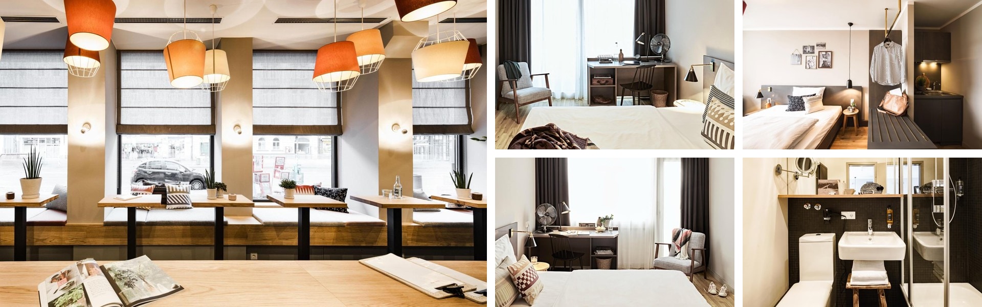 Photos of Bold Hotel Munchen Zentrum: lounge with orange pendant lamps and window seating, plus stylish guest rooms and bathroom