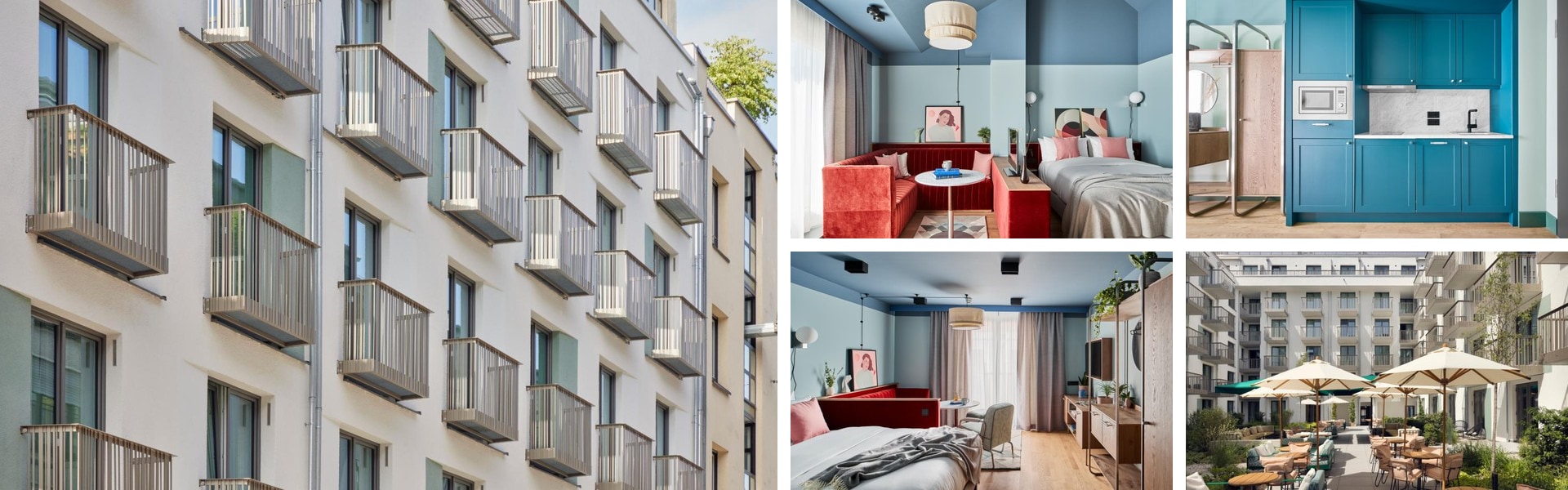 Photos of Schwan Locke Munich: white apartment facade with balconies, blue-toned studio with red sofa, kitchenette and courtyard