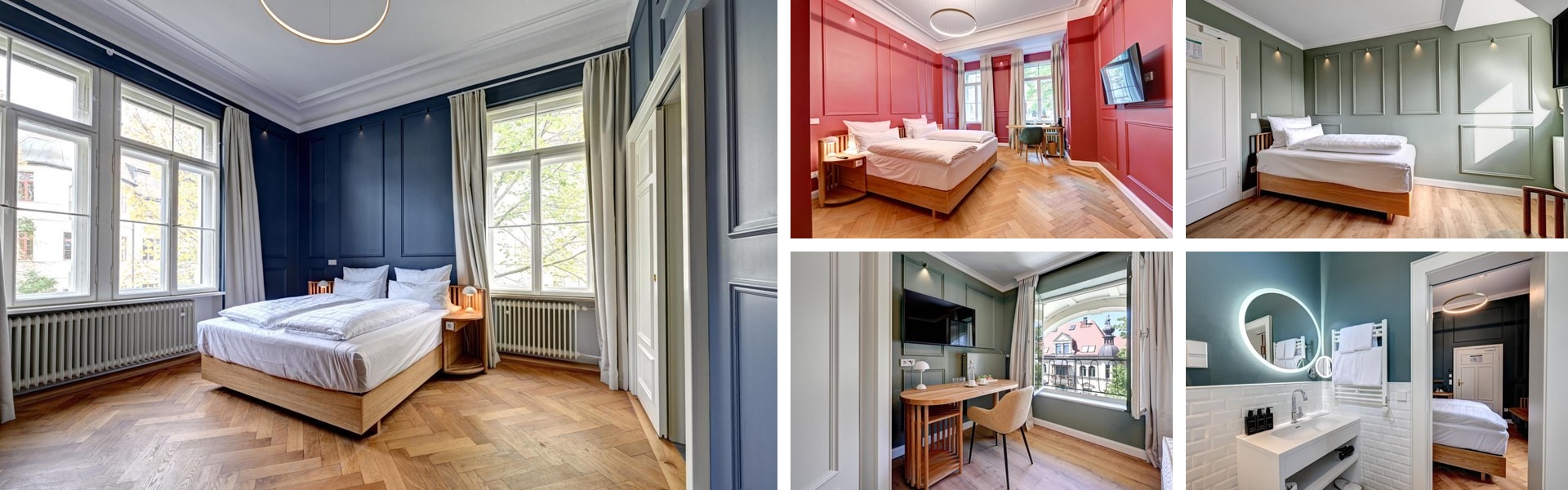 Photos of Hotel Uhland Munich: spacious navy-walled bedroom with herringbone floor, red and green guest rooms and modern bathroom