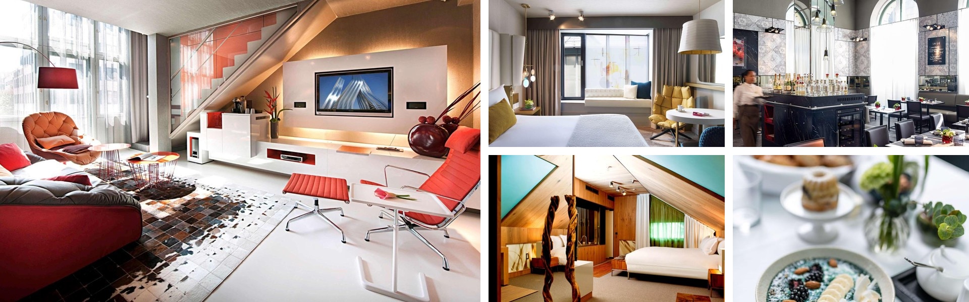 Photos of Sofitel Munich Bayerpost: design lounge with red accents, contemporary suites, bar and dessert plating