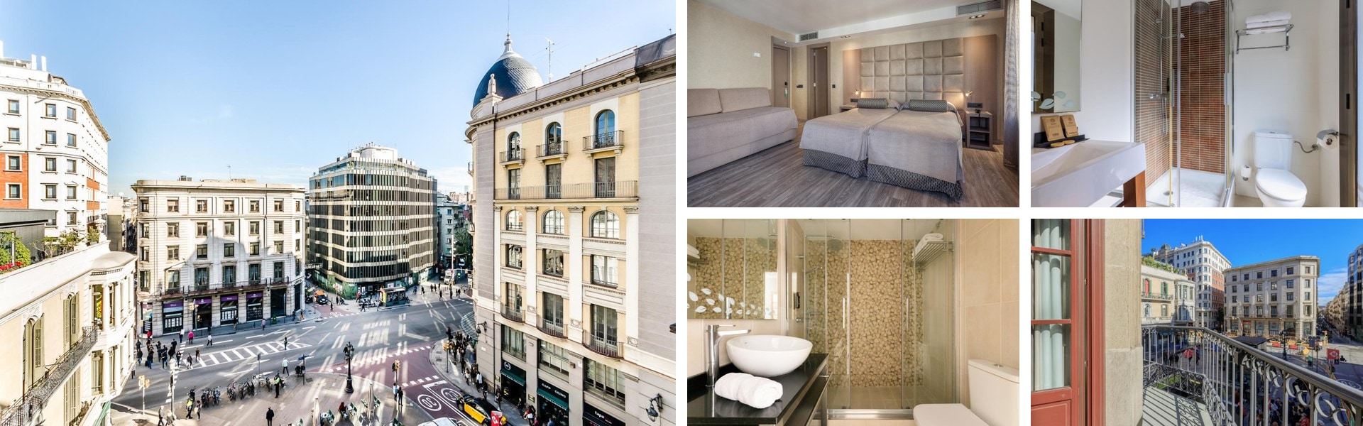 Photos of Hotel Suizo in the Barri Gotic, Barcelona: view over a busy plaza, twin room, mosaic-tiled bathrooms and street balcony