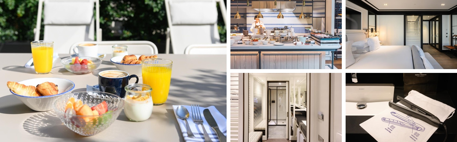 Photos of Seventy Barcelona in Gracia: sunlit breakfast terrace, open buffet kitchen, guest room, bathroom and amenities