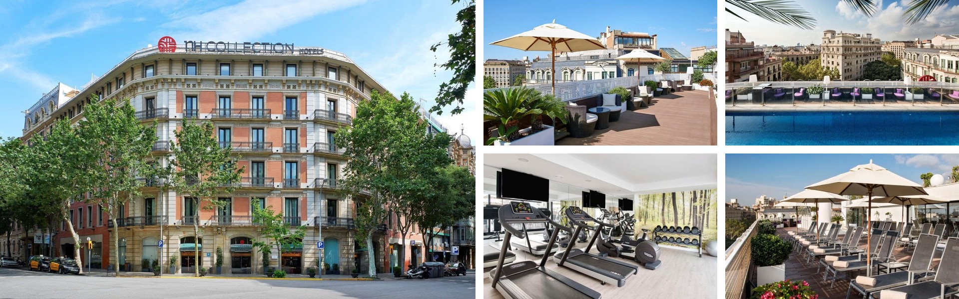 Photos of NH Collection Barcelona Gran Hotel Calderon: ornate corner facade, rooftop terrace, pool with city view and fitness room