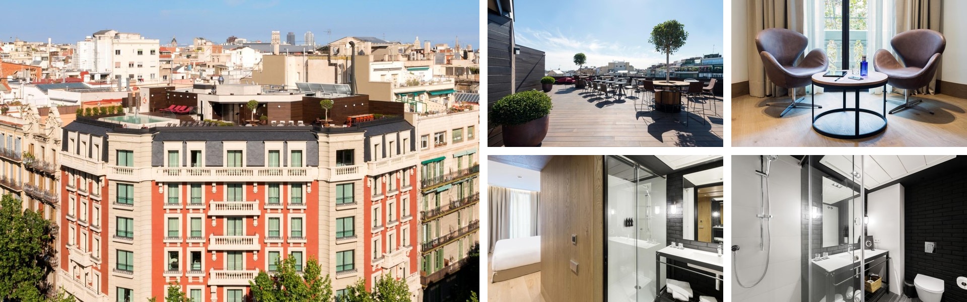 Photos of The Corner Hotel, Eixample Barcelona: red-brick facade among city rooftops, rooftop terrace, lounge and bathrooms