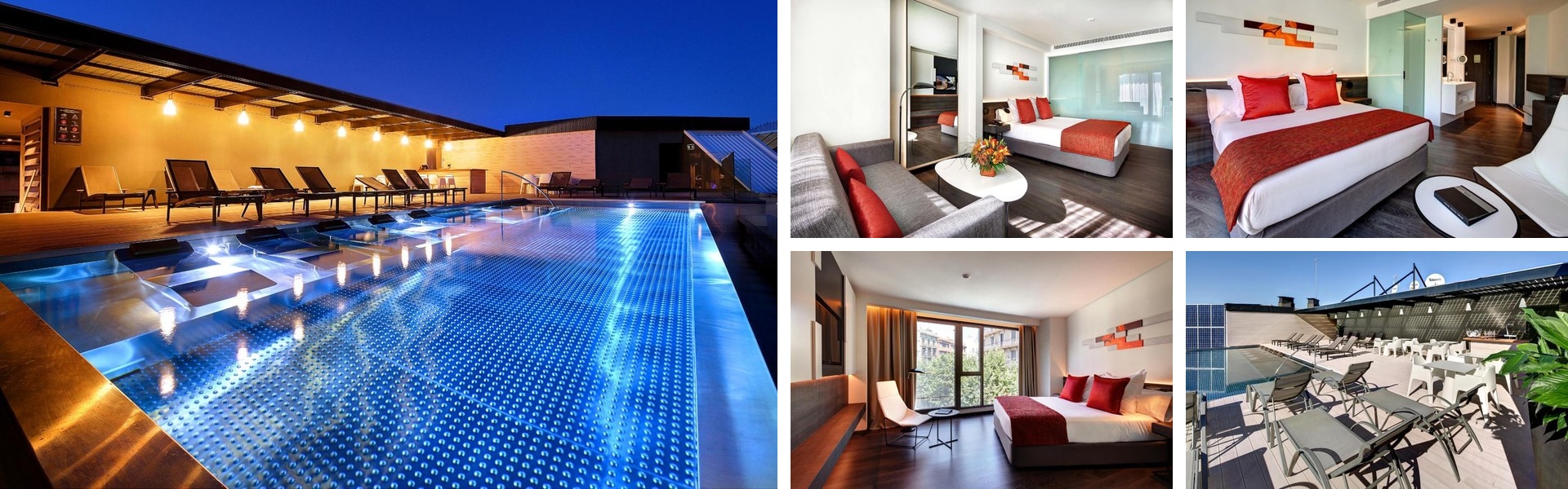 Photos of Olivia Balmes Hotel, Eixample Barcelona: illuminated rooftop pool at dusk, red-accented guest rooms and sun terrace