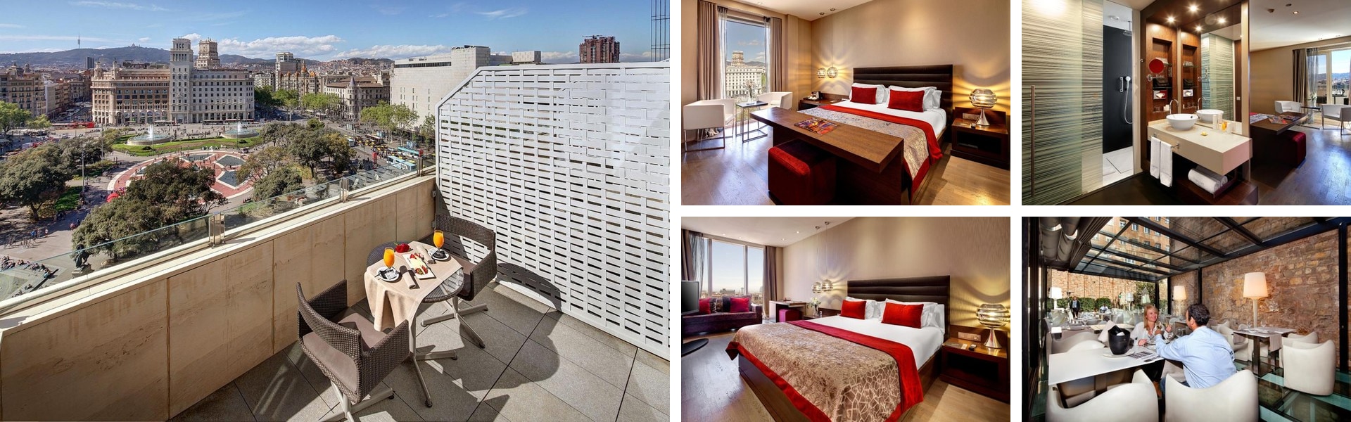 Photos of Olivia Plaza Hotel on Placa Catalunya Barcelona: balcony overlooking the square, red-accented rooms and dining lounge