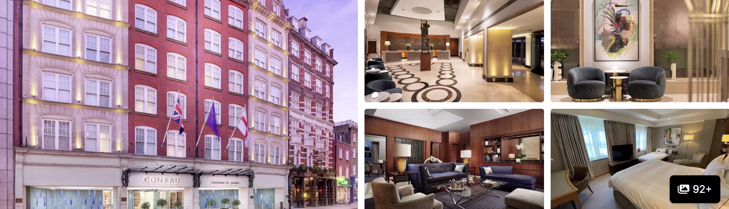 Photos of a Hilton hotel in Westminster, London: red-brick exterior, marble lobby, lounge seating and guest room