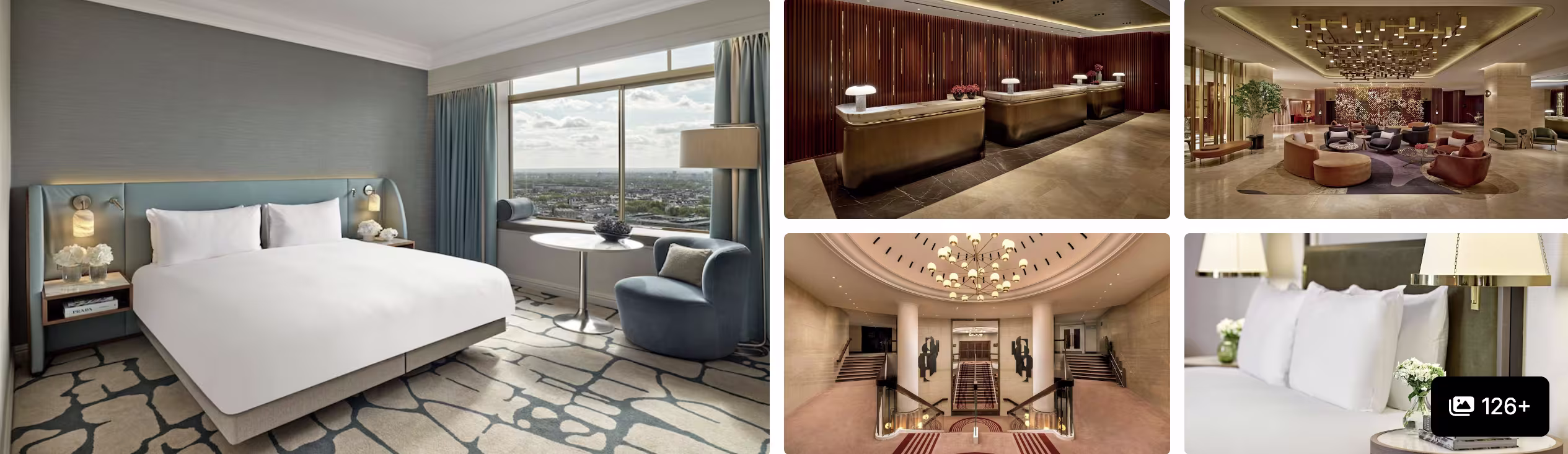 Photos of a Hilton hotel in Mayfair, London: guest room with city view, reception, chandelier-lit lounge and bed