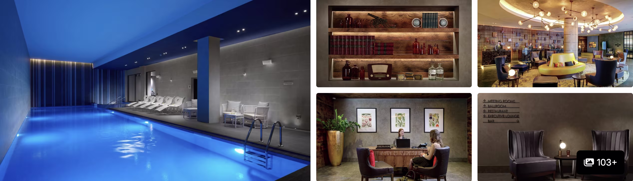 Photos of a Hilton hotel near London South Bank: indoor pool, library bar, lounge seating and dim ambient interior