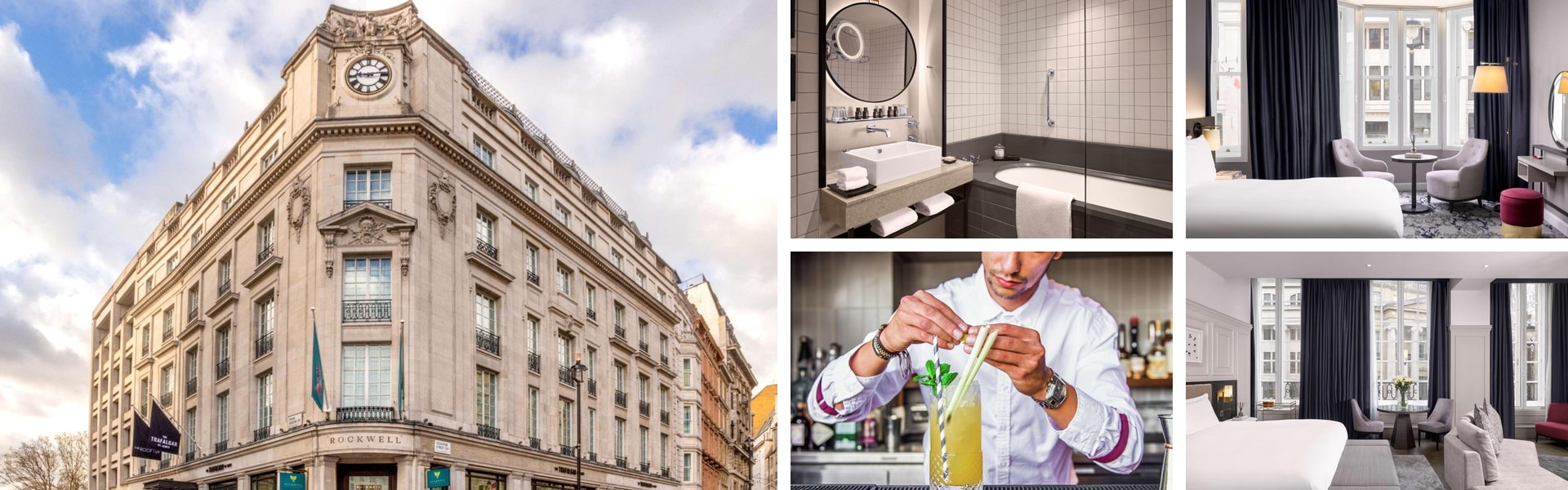 Photos of The Trafalgar St. James, London Curio Collection by Hilton: stone Rockwell corner facade, bathroom, bartender mixing a drink and guest rooms