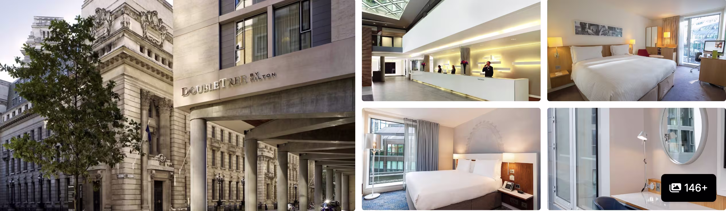 Photos of a Hilton hotel in the City and East London: classical stone facade, lobby and twin guest rooms