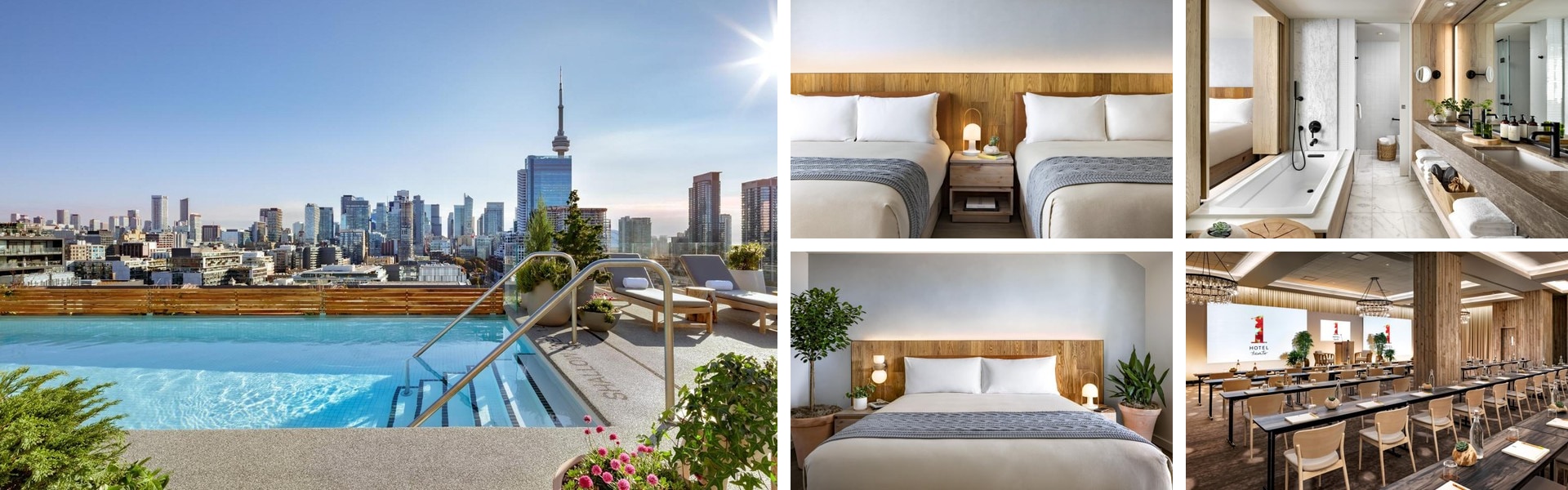Photos of 1 Hotel Toronto: rooftop infinity pool with CN Tower view, wood-toned guest rooms and meeting space