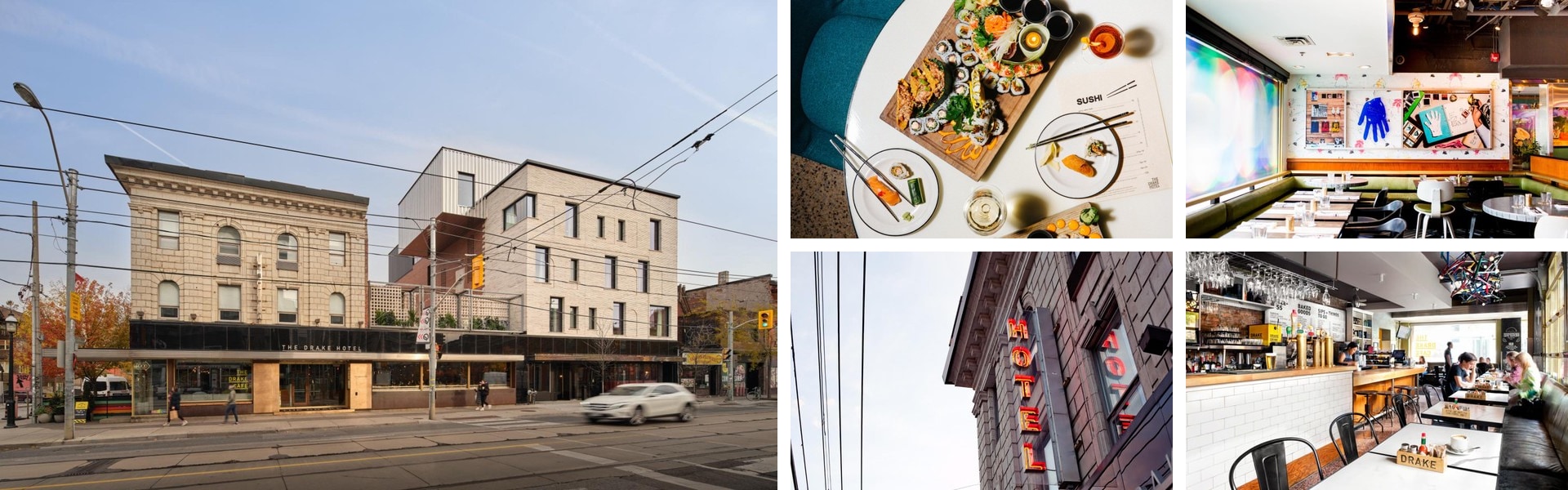 Photos of The Drake Hotel Toronto: historic streetfront building, sushi platter, art-filled lounge and bar