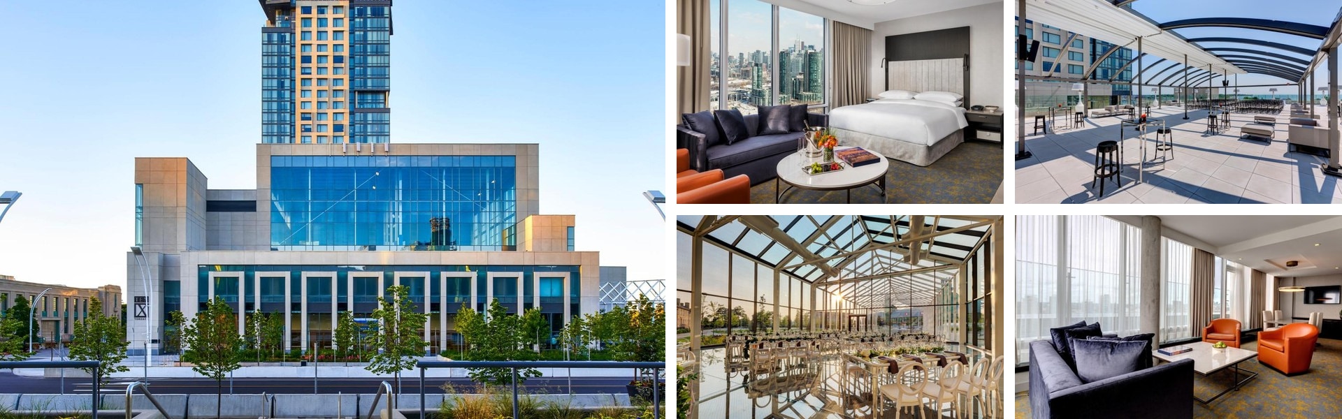 Photos of Hotel X Toronto by Hyatt: glass tower exterior, skyline-view suite, rooftop terrace and event hall