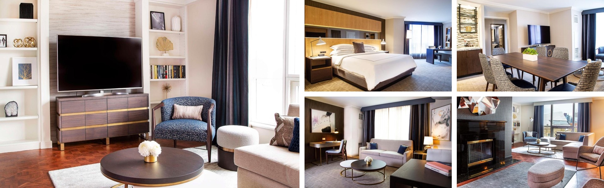 Photos of The Yorkville Royal Sonesta Toronto: contemporary suite living rooms, king bedroom and fireplace lounge
