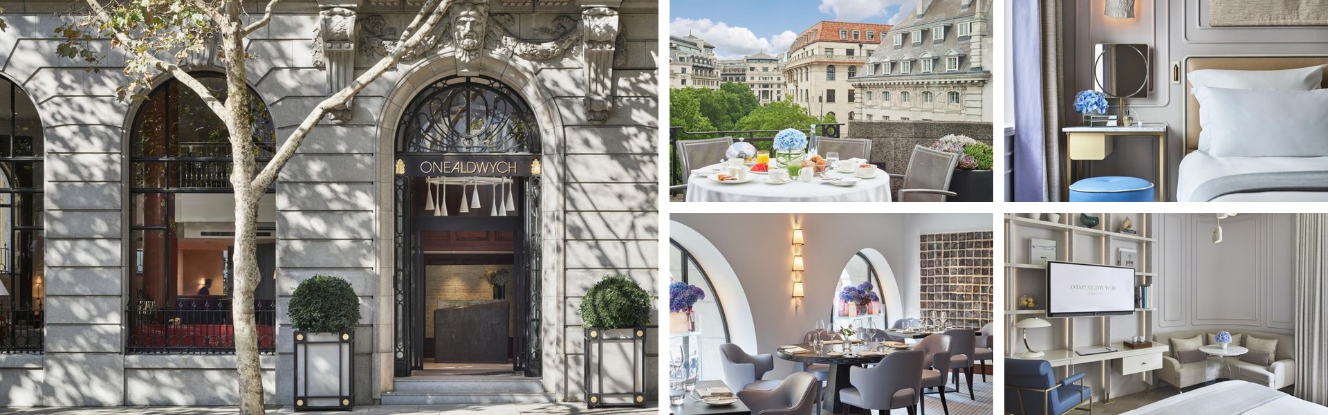 Photos of One Aldwych, Covent Garden: arched stone entrance, terrace dining, restaurant, guest room and lounge area