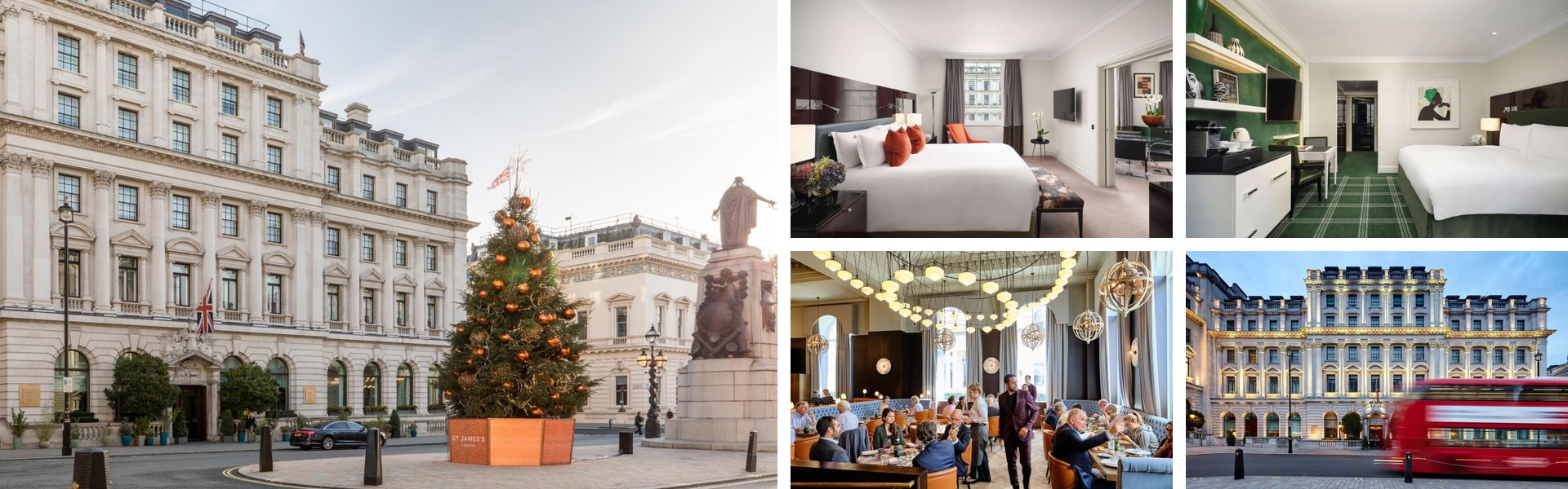 Photos of Sofitel London St James in Westminster: grand period facade with Christmas tree, guest rooms, busy brasserie and exterior