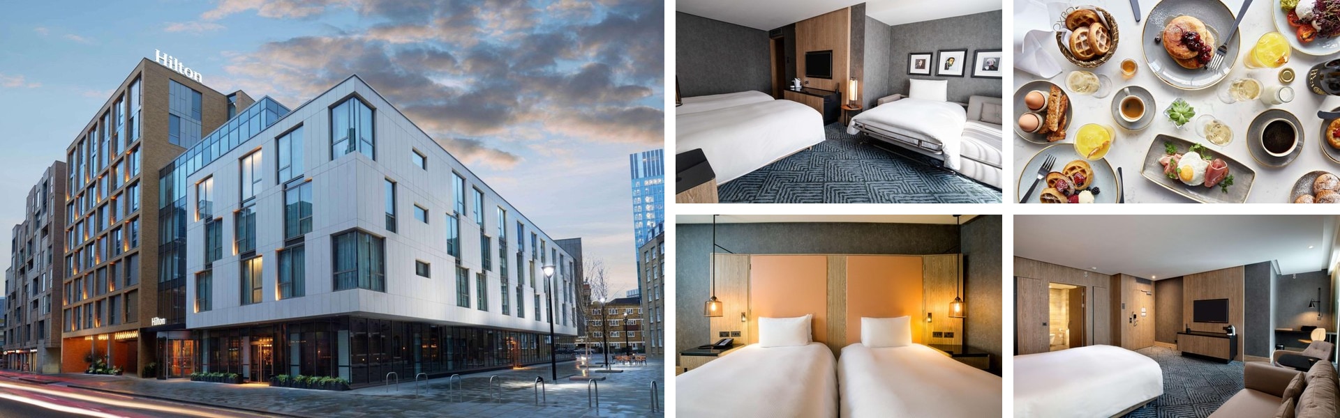 Photos of Hilton London Bankside on the South Bank: modern exterior at dusk, twin and double rooms and a breakfast spread