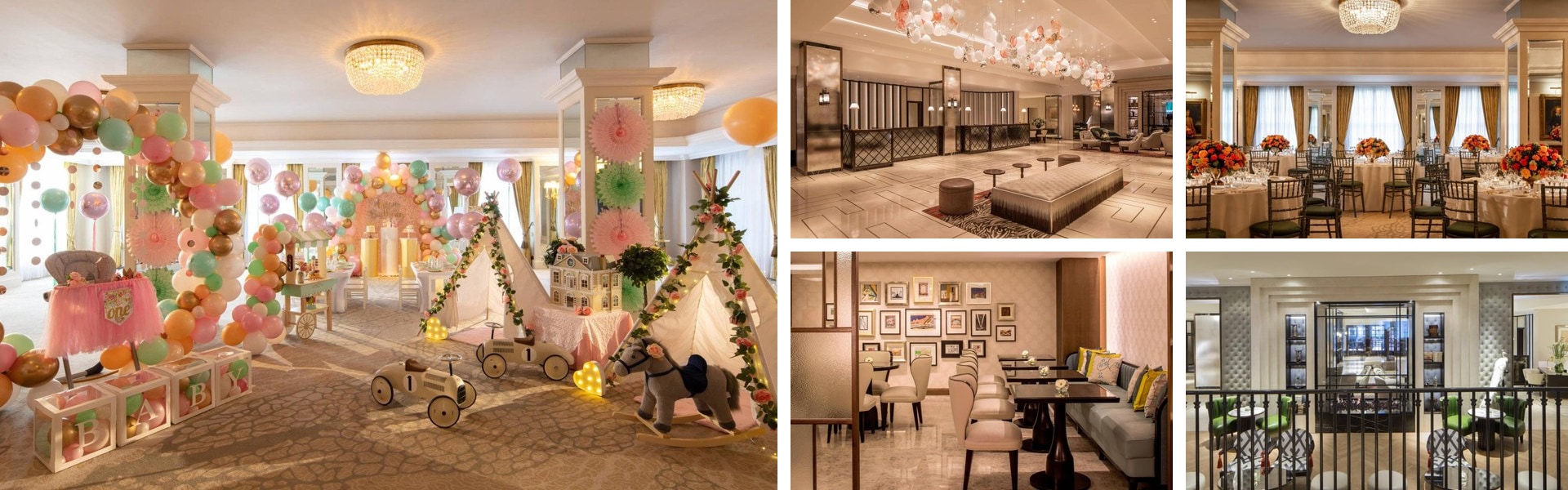 Photos of JW Marriott Grosvenor House London in Mayfair: balloon-decorated ballroom, grand lobby, dining areas and elegant lounge
