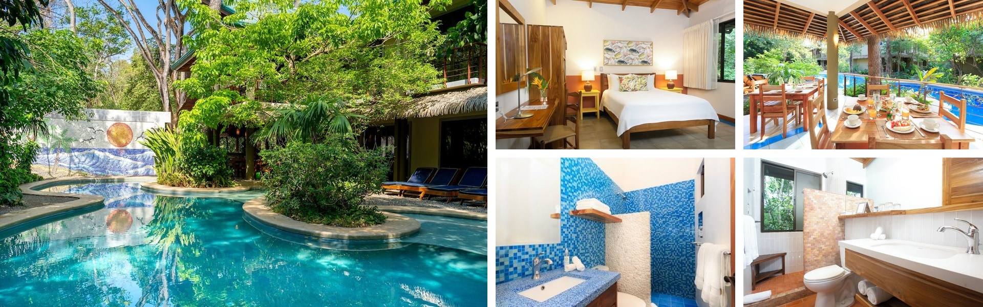 Photos of Olas Verdes Hotel, Nosara: lush tropical pool, wood-furnished guest room and tiled bathrooms