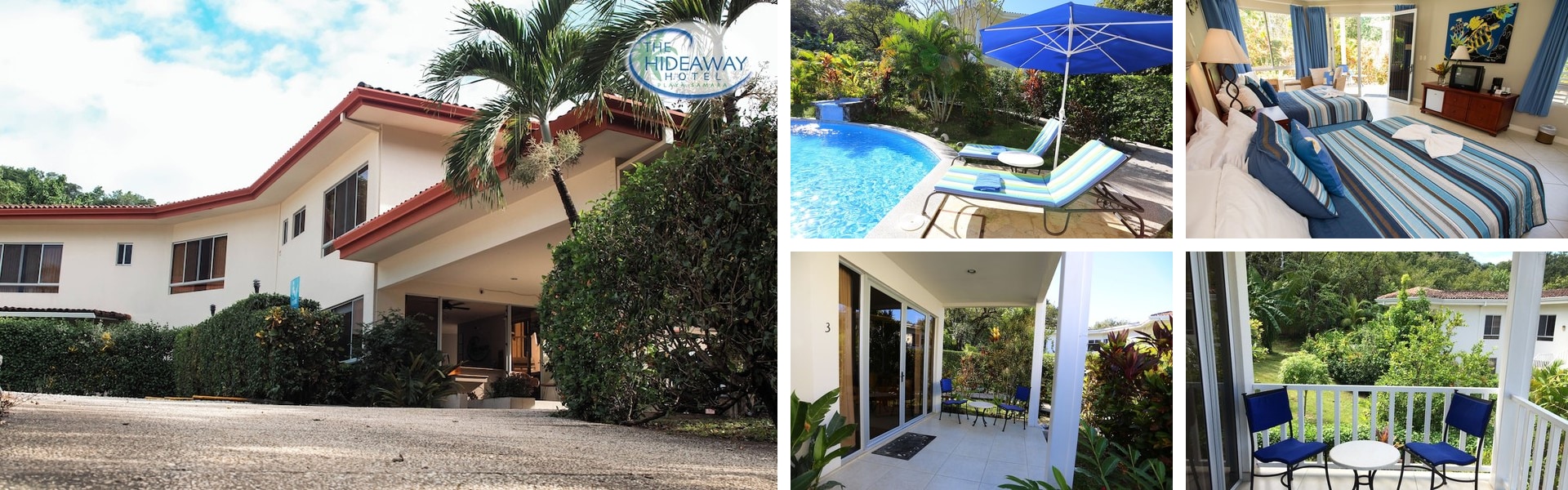 Photos of The Hideaway Hotel, Samara: white hillside building, poolside loungers and blue-toned guest rooms