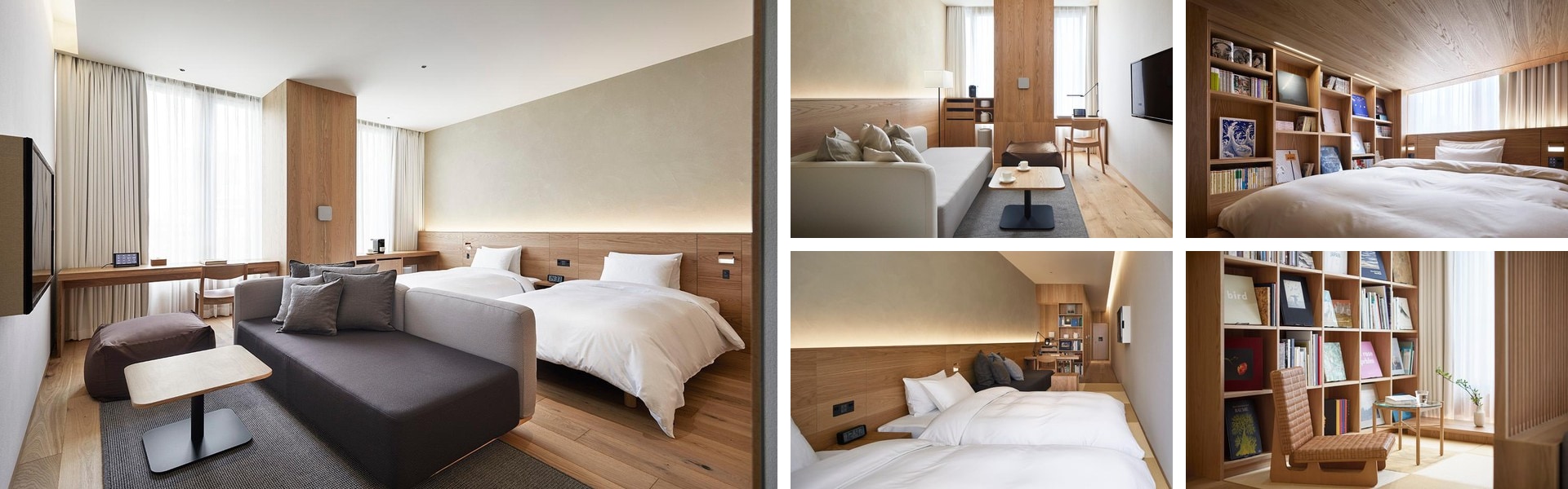Photos of Muji Hotel Ginza, Tokyo: minimalist wood-toned rooms with sofa beds, twin beds and a wall of bookshelves