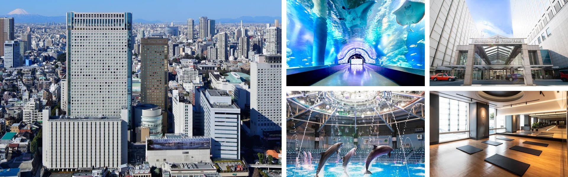 Photos of Shinagawa Prince Hotel Tokyo: skyline tower exterior, aquarium tunnel, dolphin show pool and yoga studio