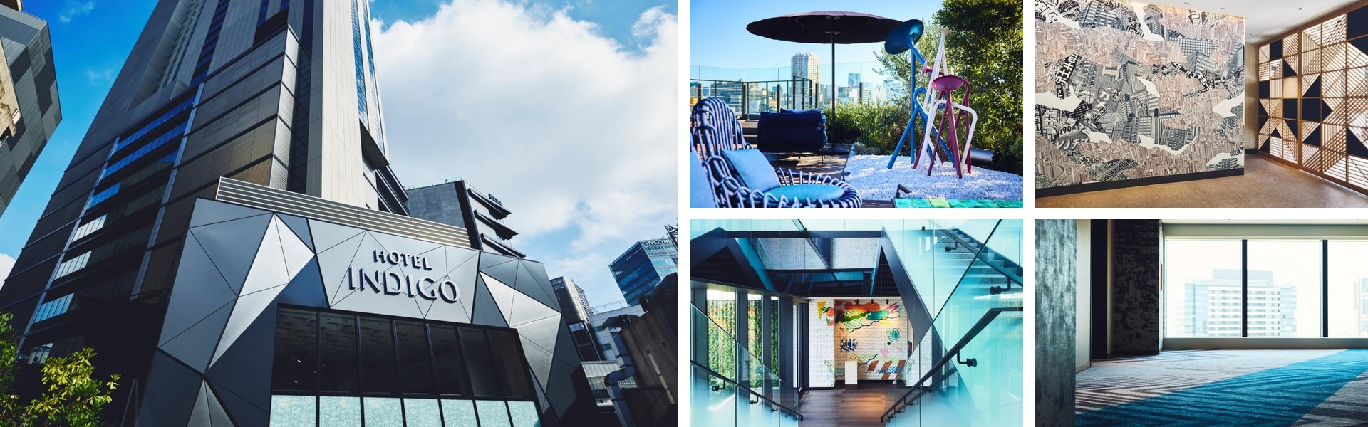 Photos of Hotel Indigo Tokyo Shibuya: angular glass facade, rooftop terrace, mosaic art wall, glass stairwell and guest corridor