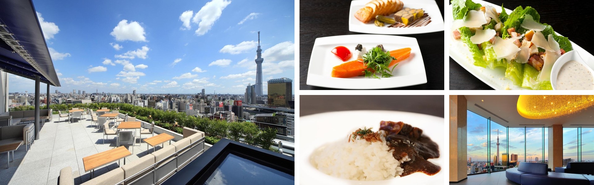 Photos of The Gate Hotel Kaminarimon, Tokyo: rooftop terrace with Tokyo Skytree view, plated dishes, salad and a lounge at sunset