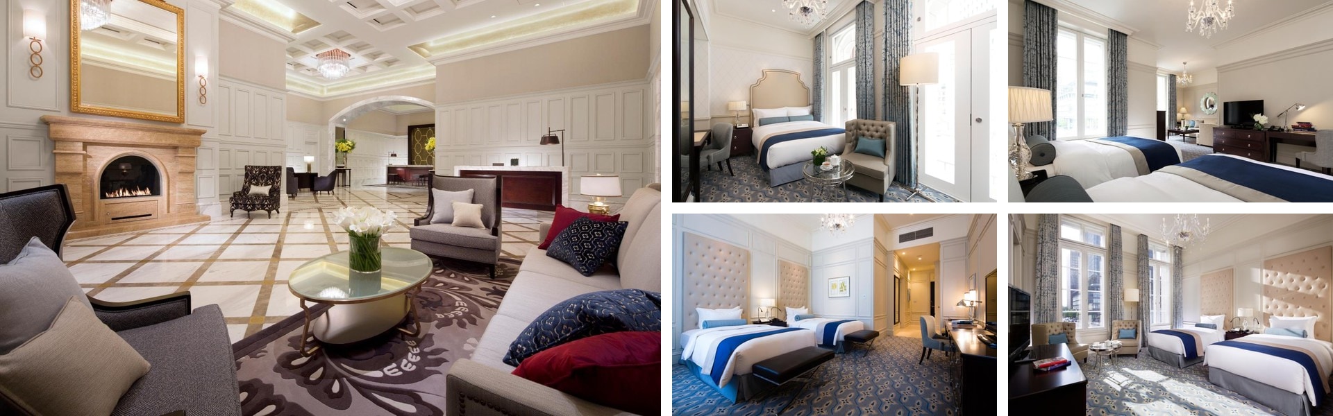 Photos of The Tokyo Station Hotel: classic lobby with fireplace and chandelier plus elegant blue-accented twin and double guest rooms